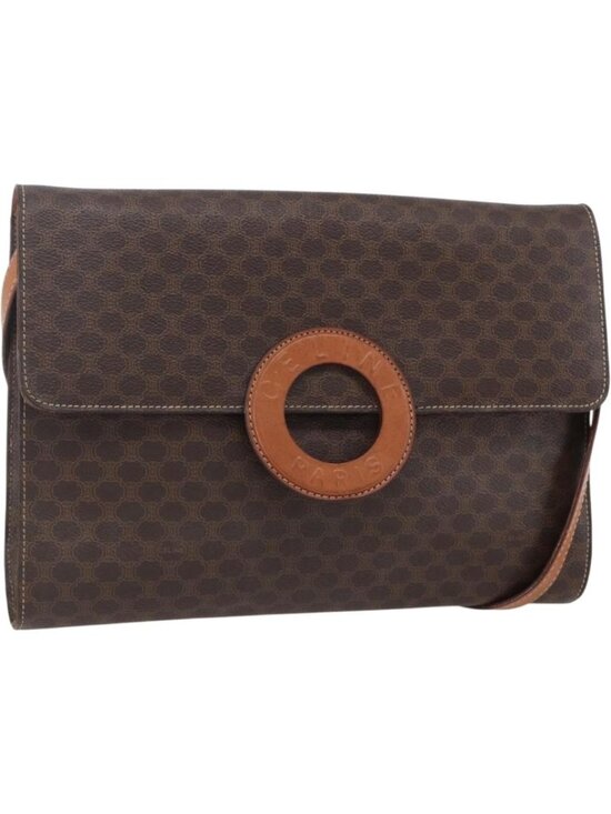 CELINE Handbags - CELINE Macadam Canvas Circle Shoulder Bag PVC Leather Brown Gold
